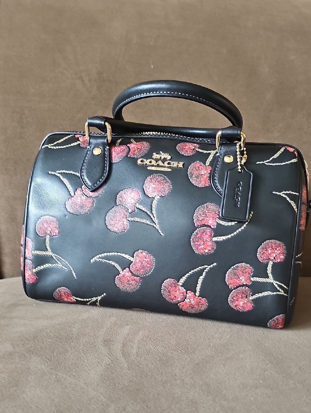 Coach Black Leather Satchel with Pink Cherry Embroidery